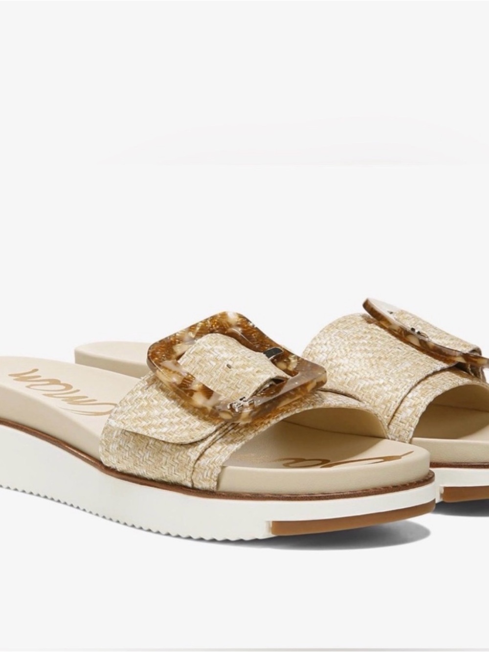 Sam Edelman Beige Woven Slide Sandals with Tortoiseshell Buckle